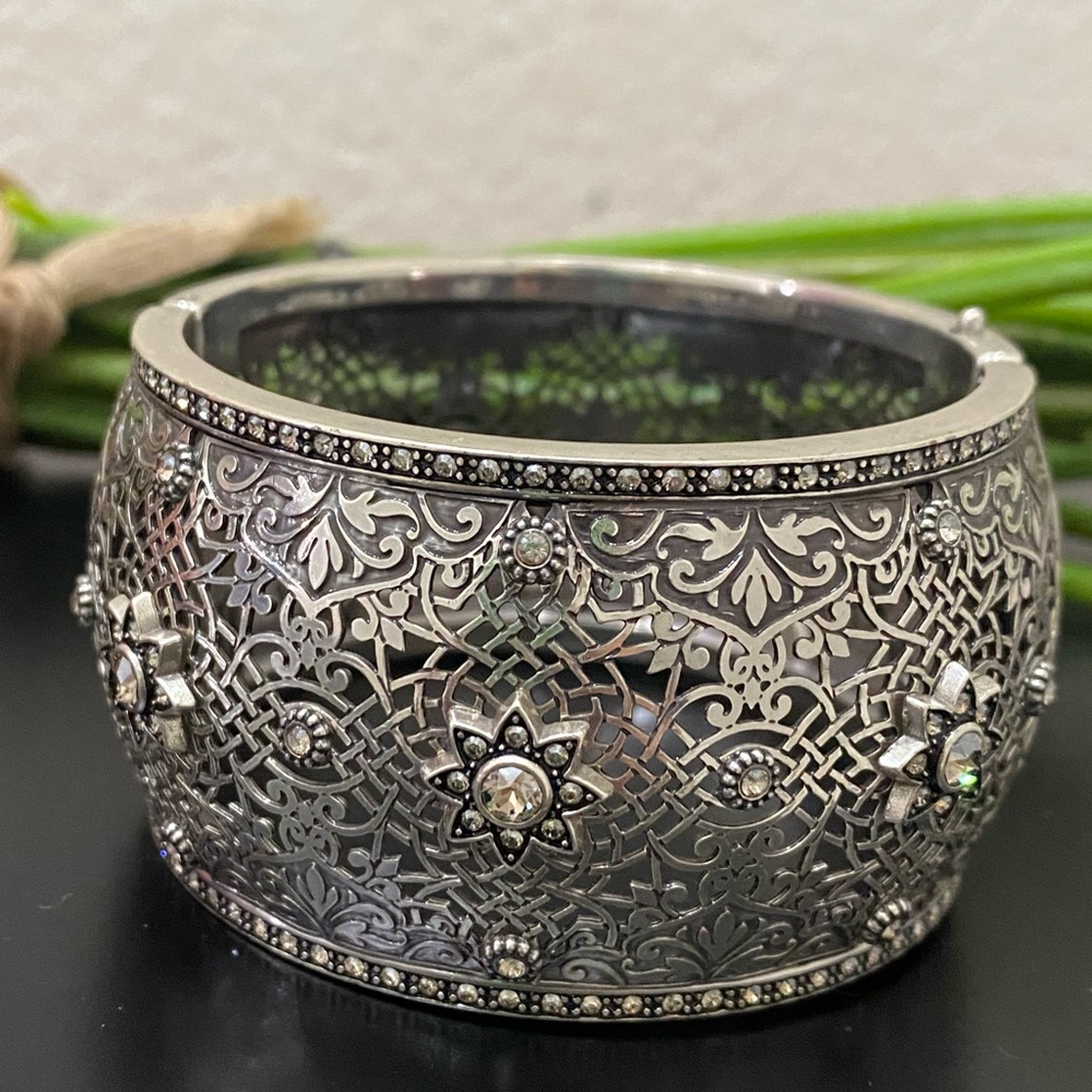 BRIGHTON "Sahuri" Crystal Ornate Flowers Silver Hinge Wide Cuff Bangle Bracelet